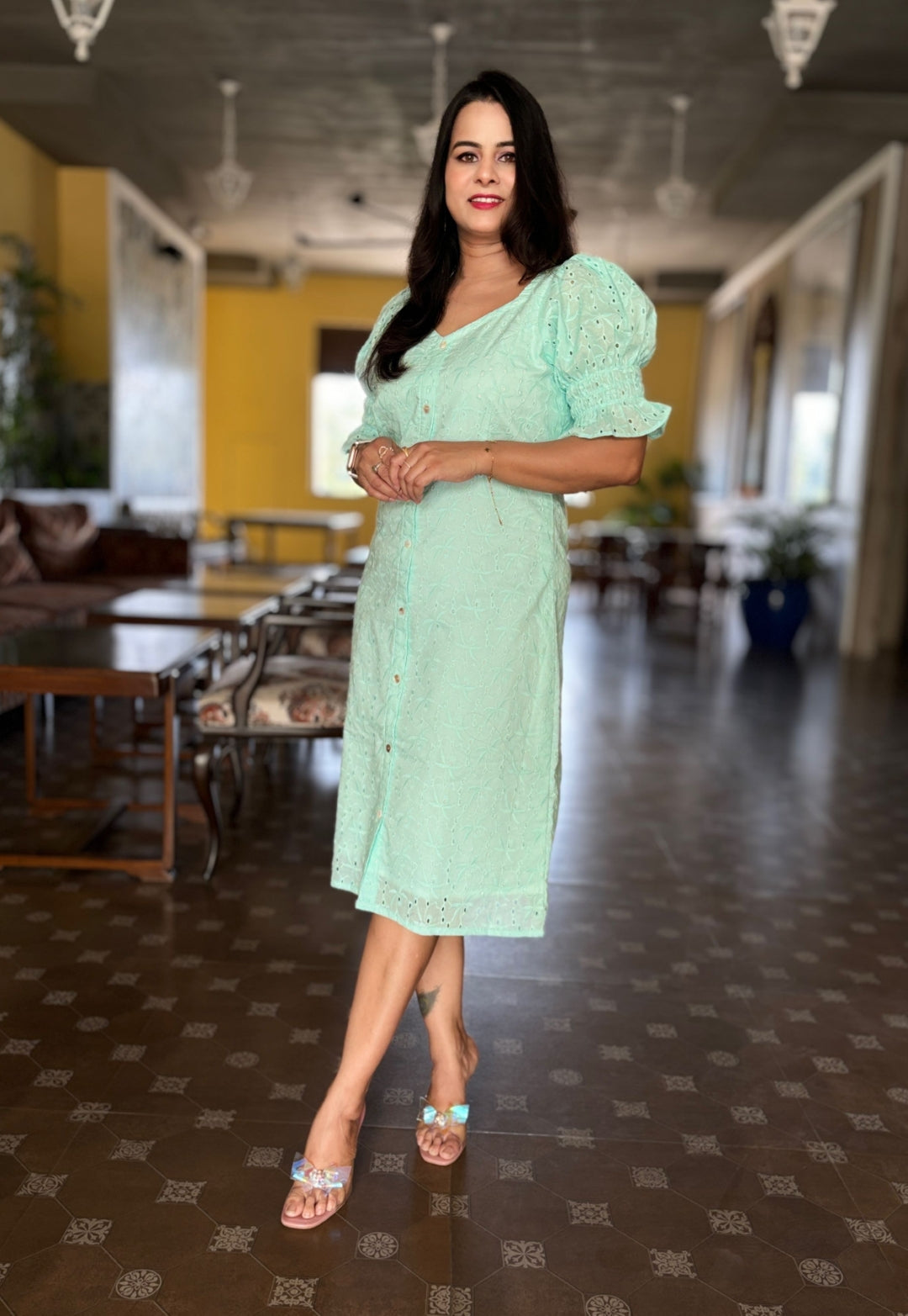 Sea Green Schiffli Cotton Dress
