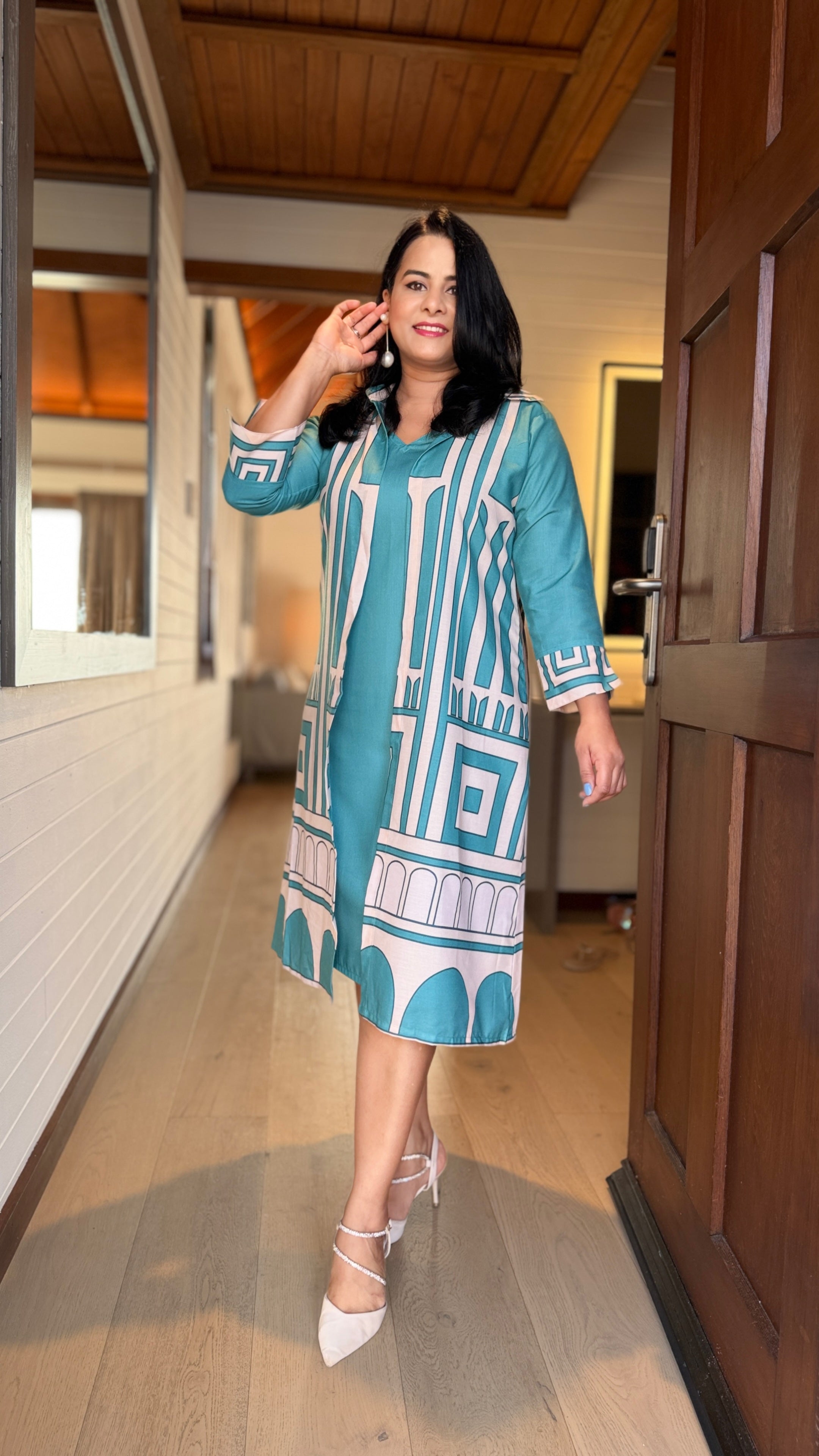 double layered dress Teal Geometric for Women | Neelsonline PromotionName: Black Friday In July: Up To 60% Off