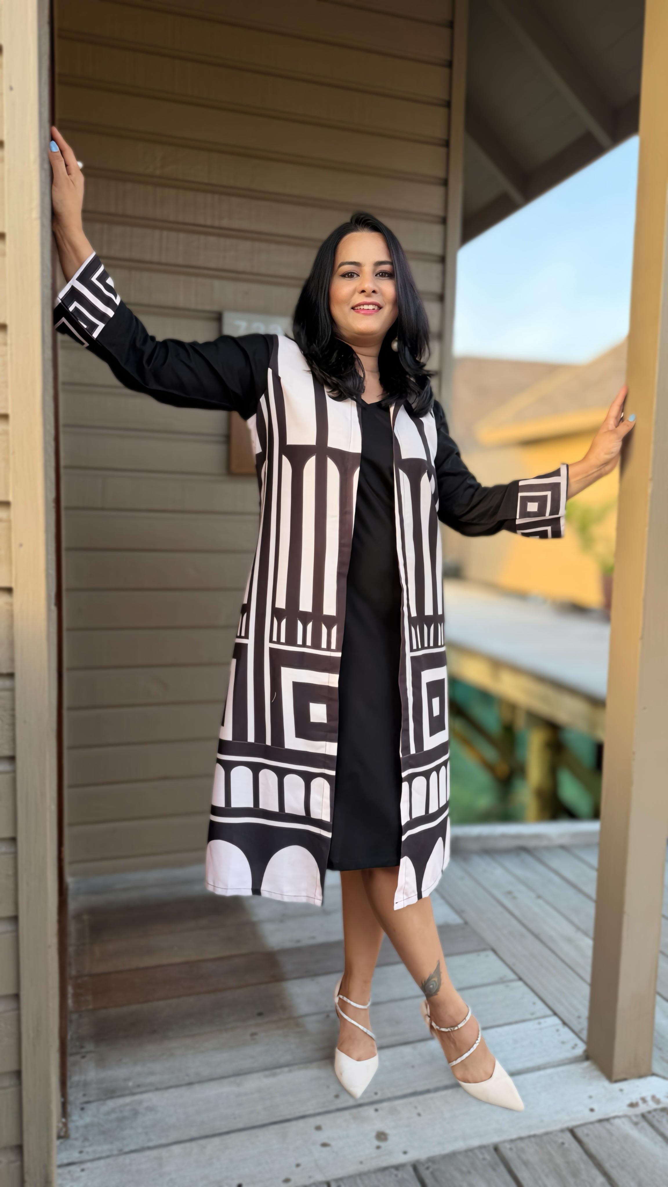 black and white geometric dress Geometric Black and White Sheath Dress w/ Shawl Style #4851  Troy Anthony