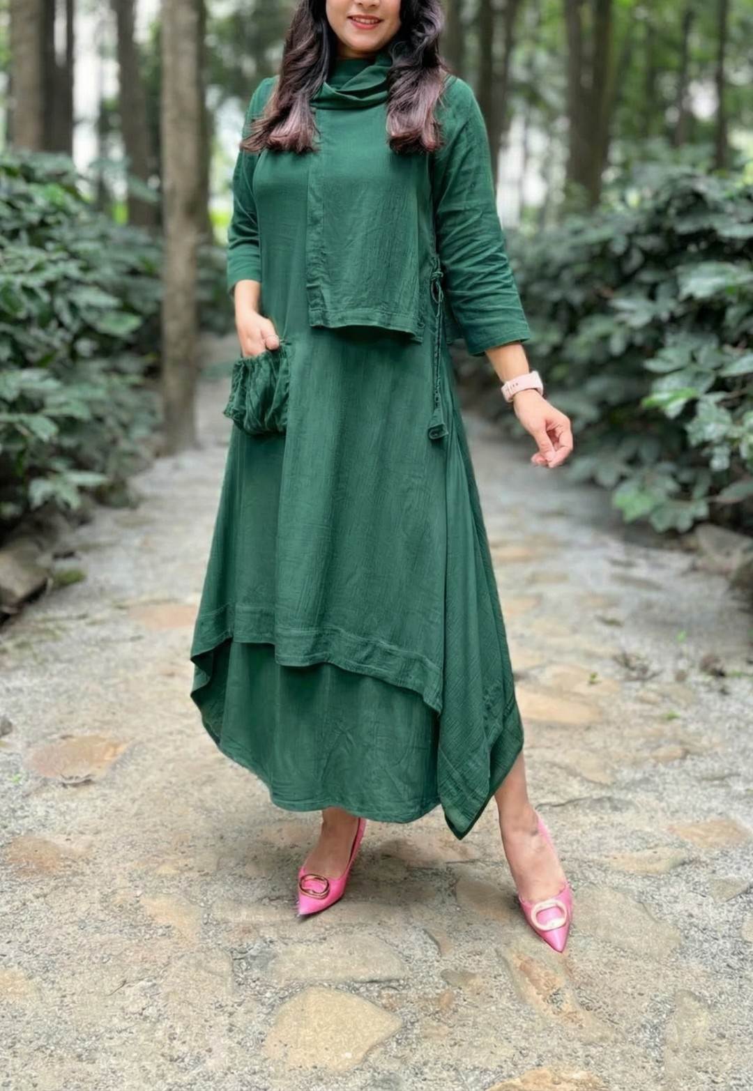 Bottle Green Double Layered Dress