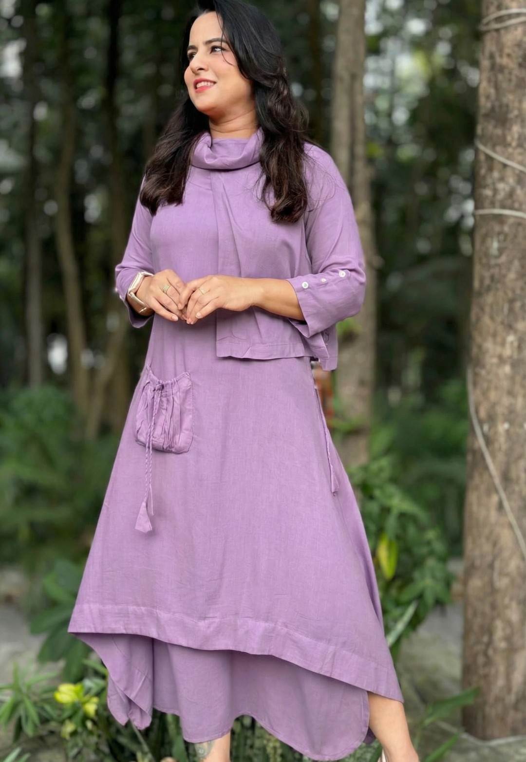 knee length dresses for ladies Lilac Double Layered Dress for Women