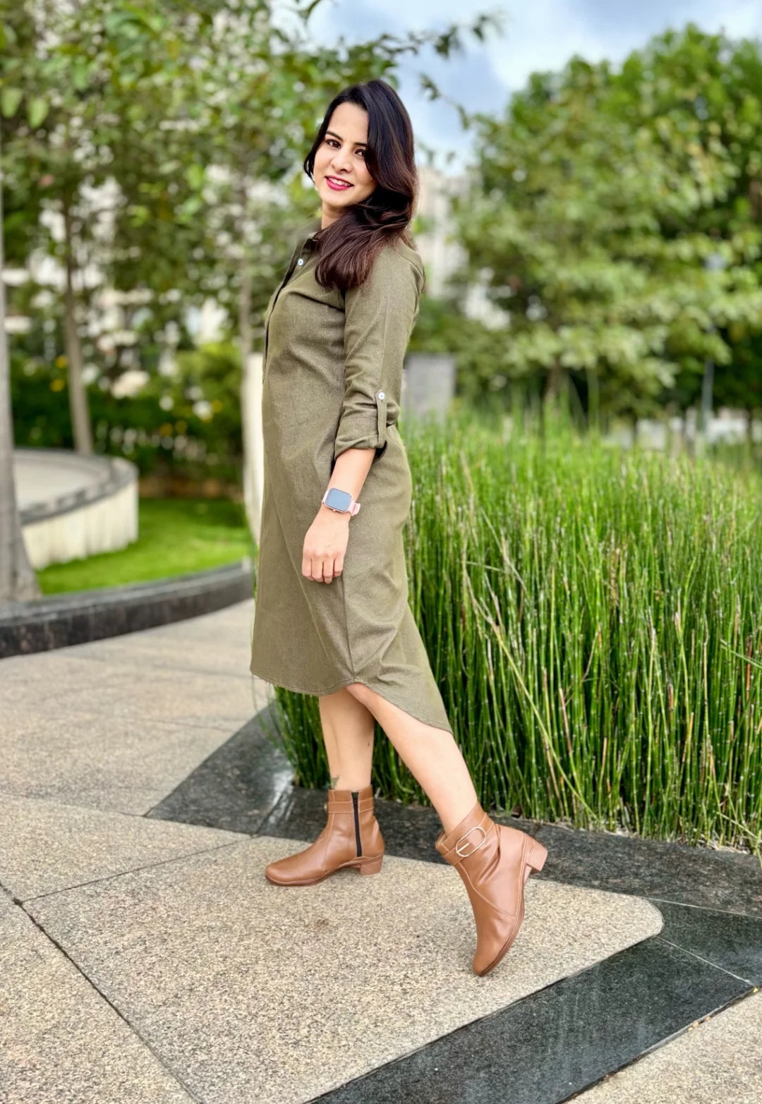 Olive green top denim dress