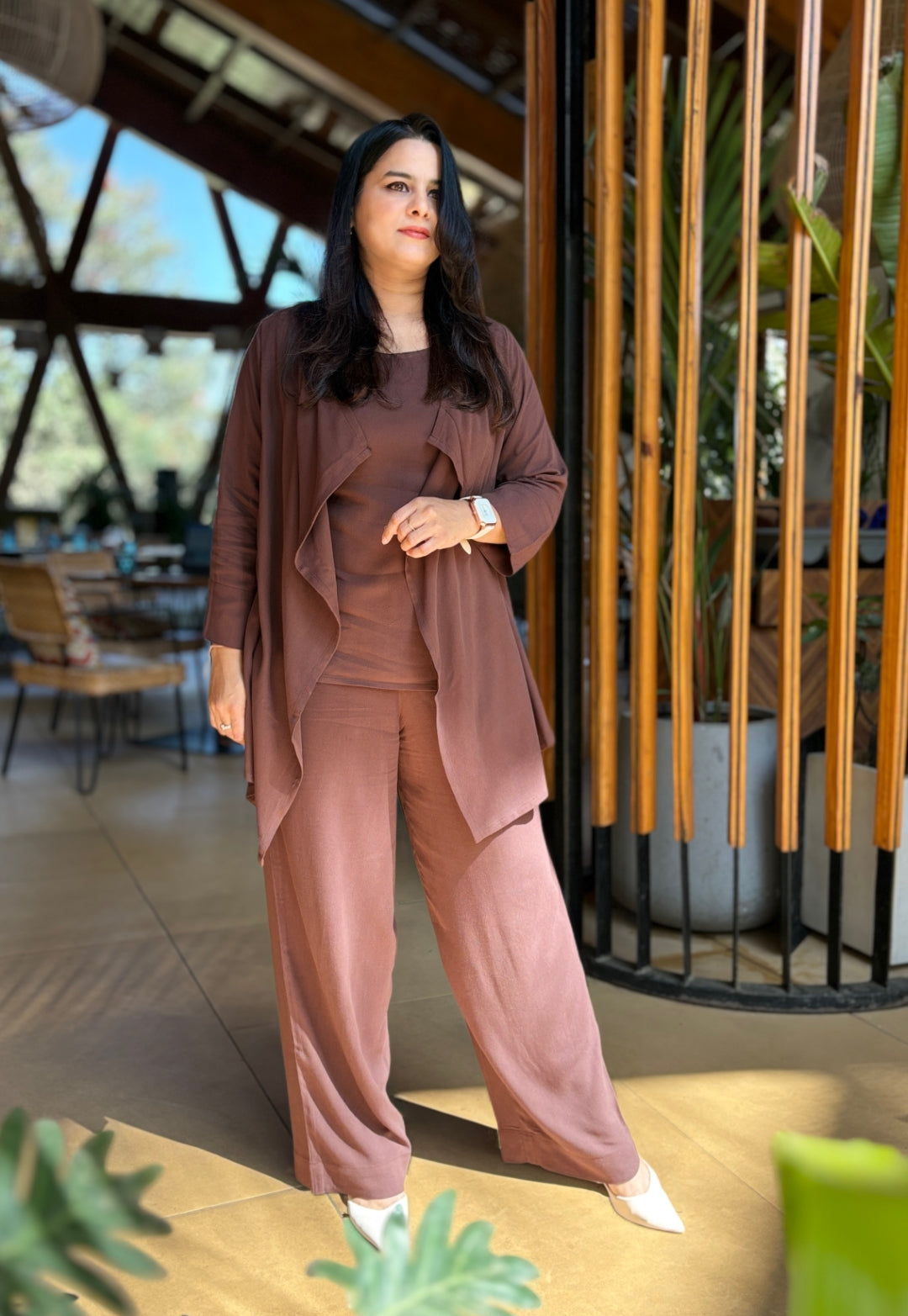 Dark Brown 3-Piece Co-ord Set with Shrug | Plus Size Cord Set