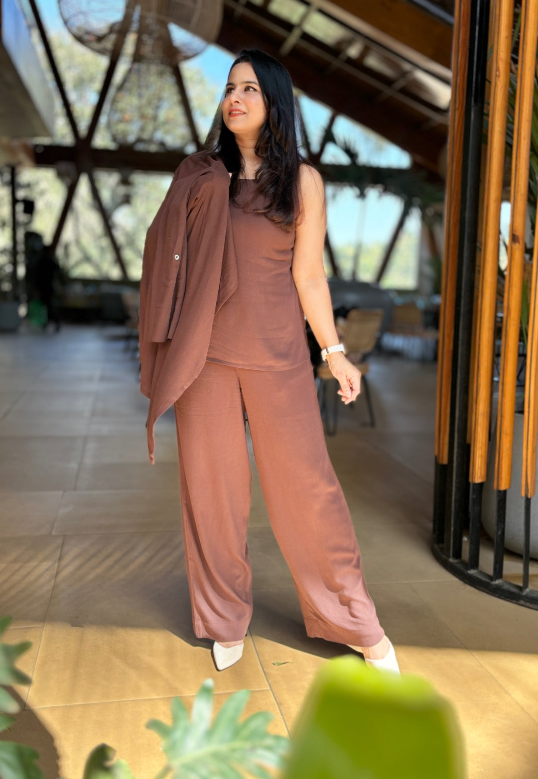 Dark Brown 3-Piece Co-ord Set with Shrug | Plus Size Cord Set