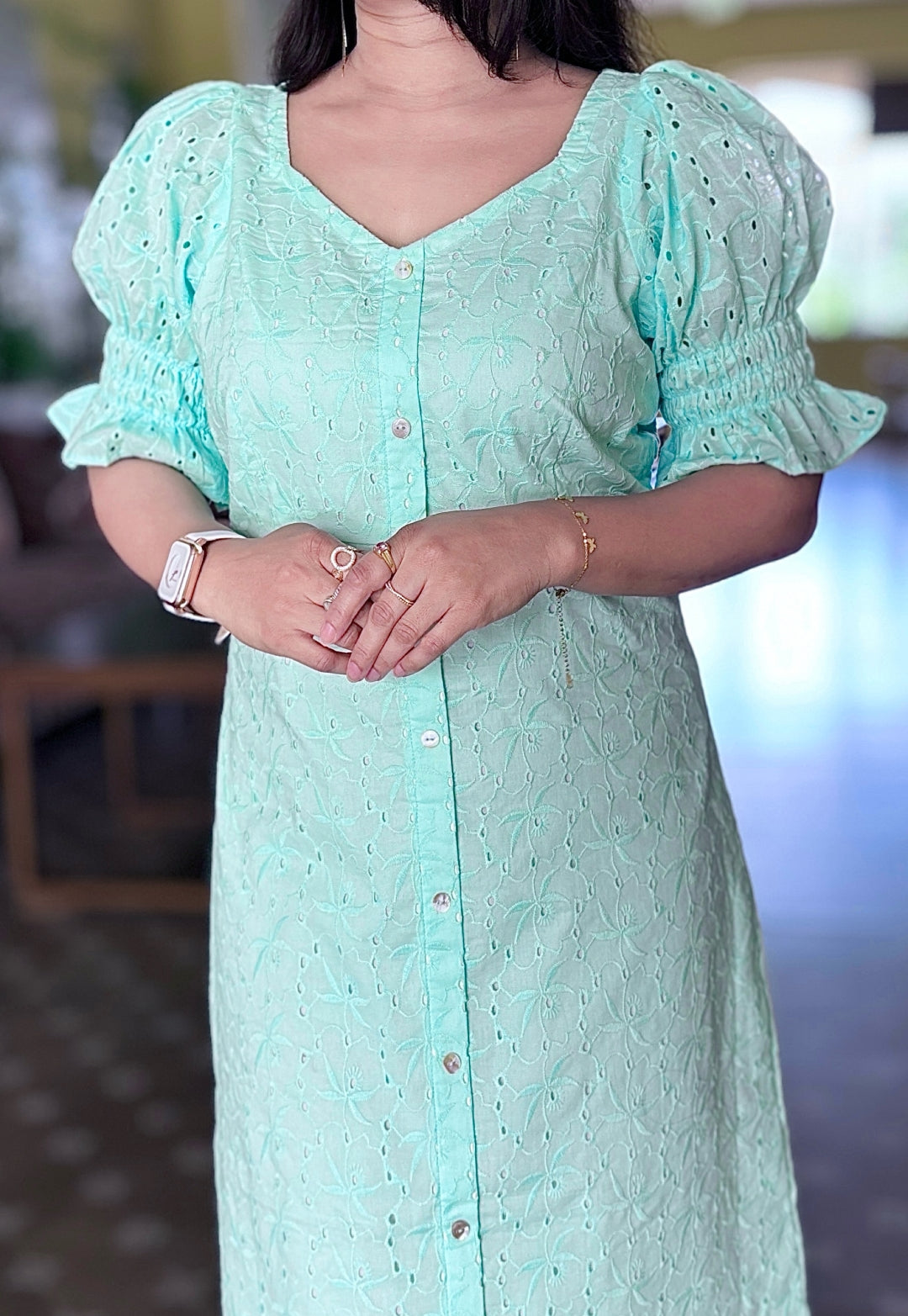 Sea Green Schiffli Cotton Dress for Women | Neels Neelsonline Sea Green Schiffli Cotton Dress for Women | Neels Neelsonline