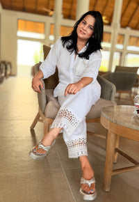 White Lace-Hem Relaxed Pants